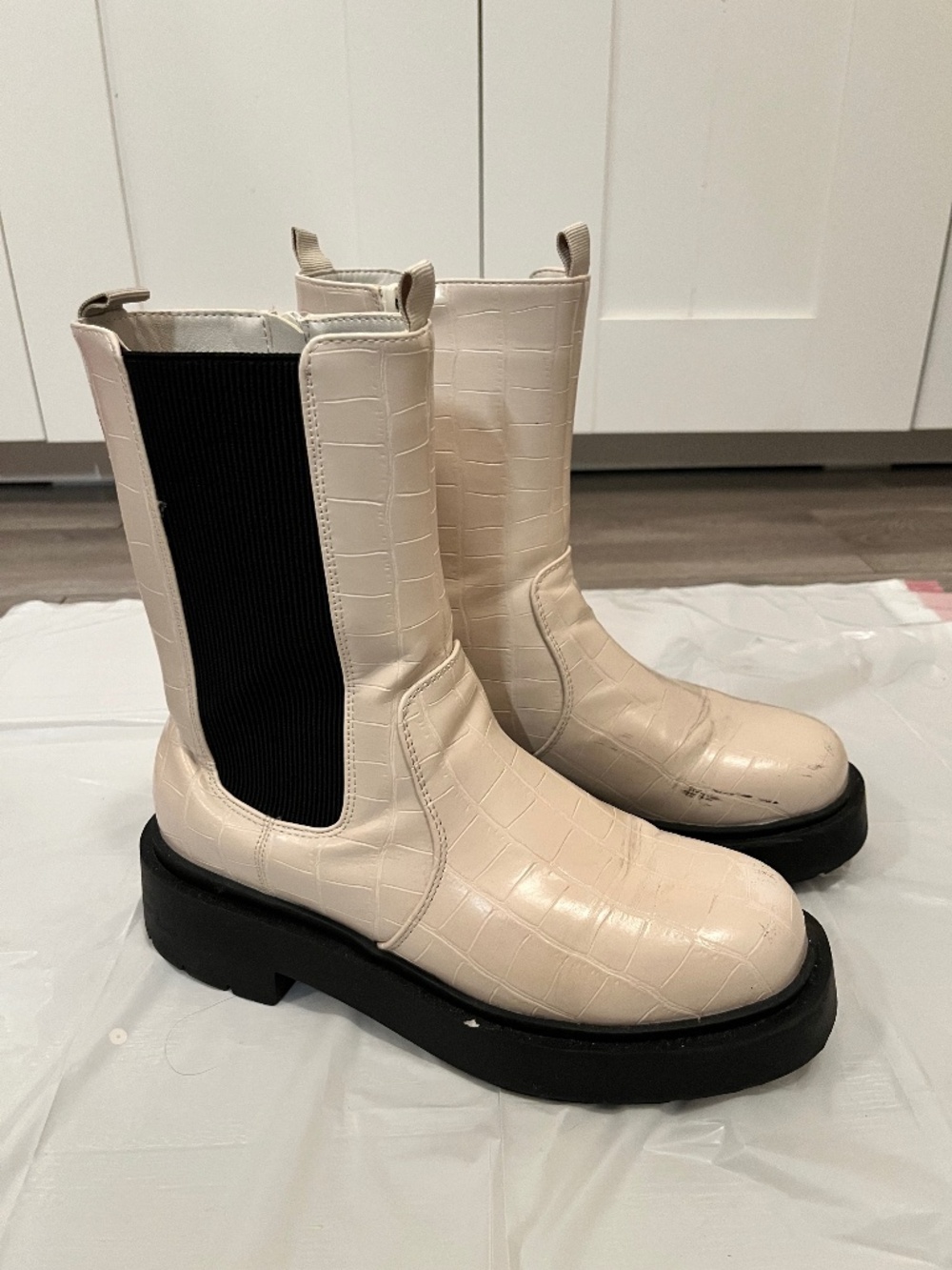 off-white faux leather chelsea platform boots, asos
